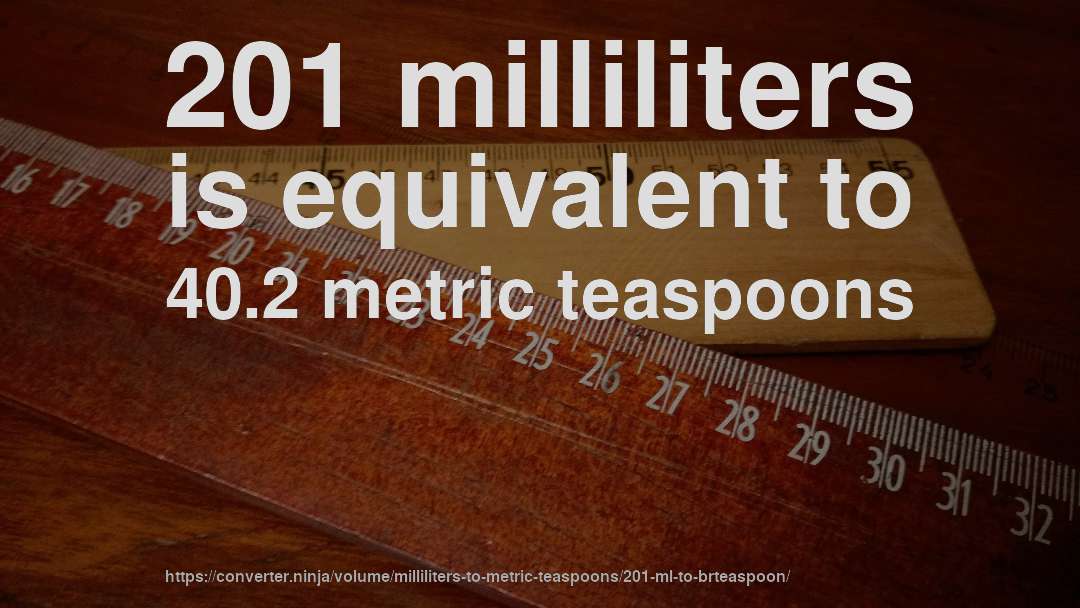 201 milliliters is equivalent to 40.2 metric teaspoons