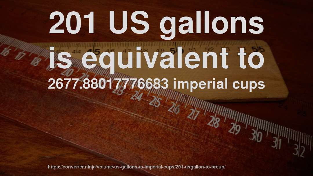 201 US gallons is equivalent to 2677.88017776683 imperial cups