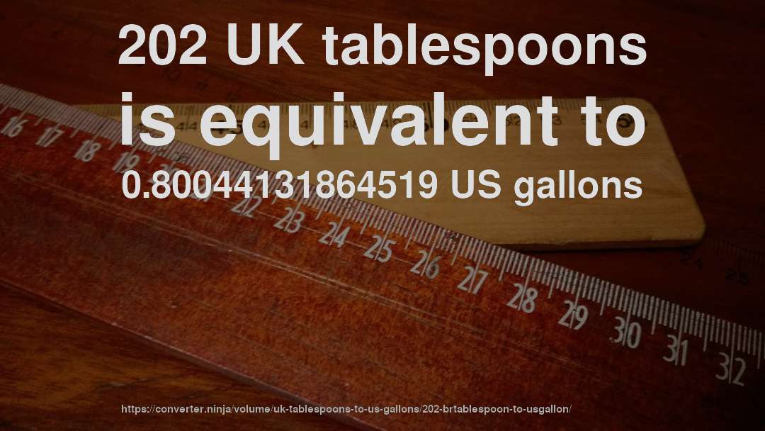 202 UK tablespoons is equivalent to 0.80044131864519 US gallons