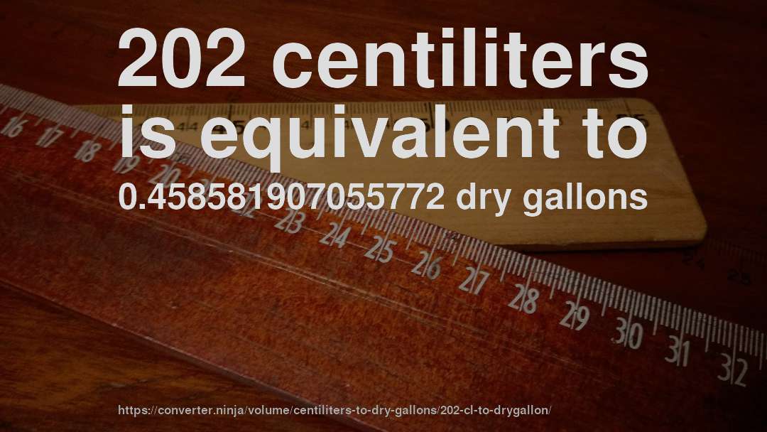202 centiliters is equivalent to 0.458581907055772 dry gallons
