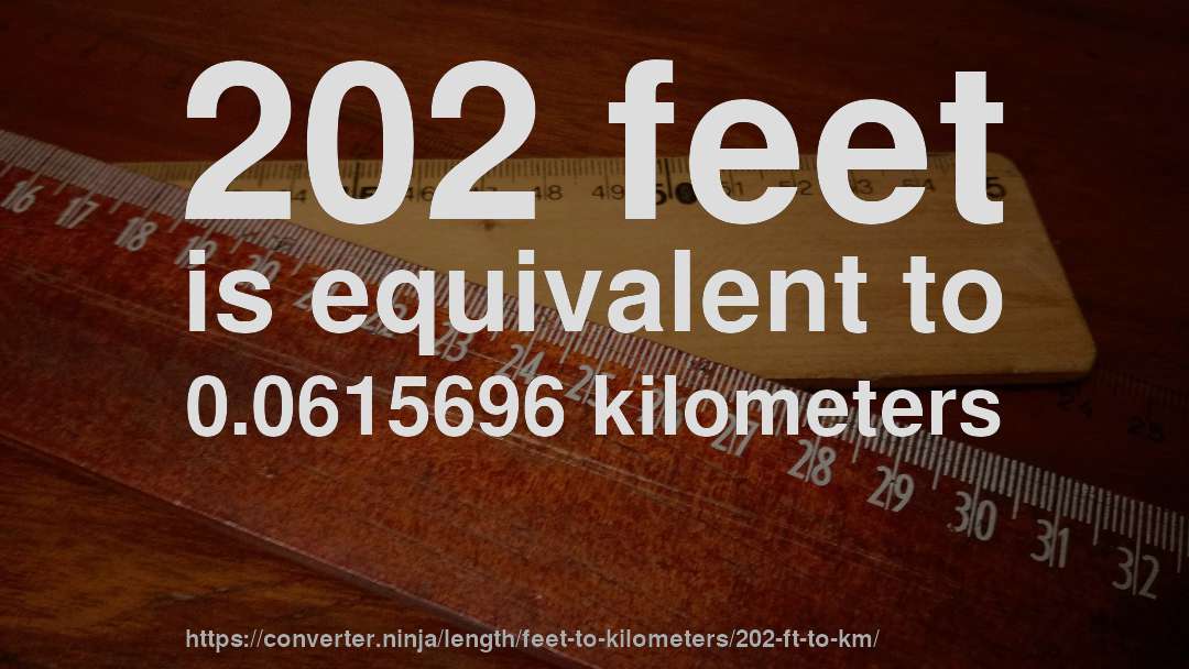 202 feet is equivalent to 0.0615696 kilometers