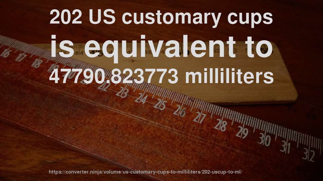 202 US customary cups is equivalent to 47790.823773 milliliters