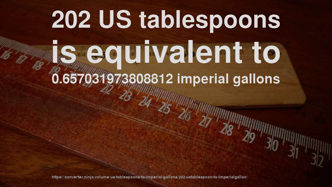 202 US tablespoons is equivalent to 0.657031973808812 imperial gallons