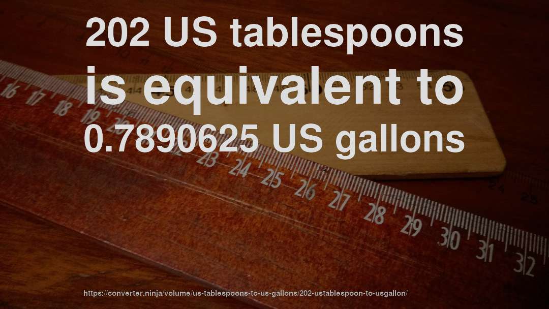 202 US tablespoons is equivalent to 0.7890625 US gallons