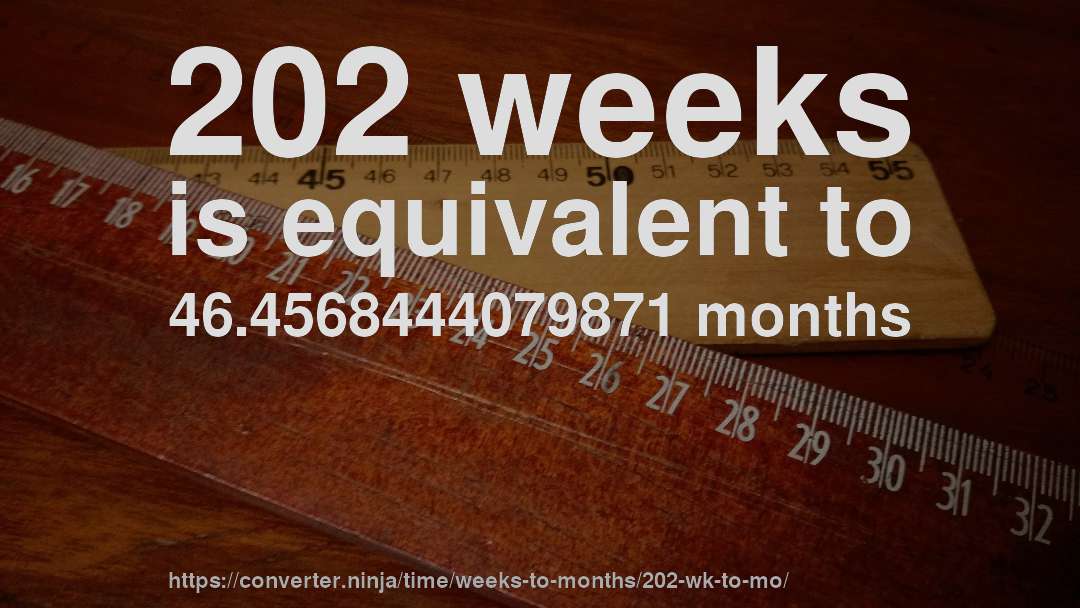 202 weeks is equivalent to 46.4568444079871 months