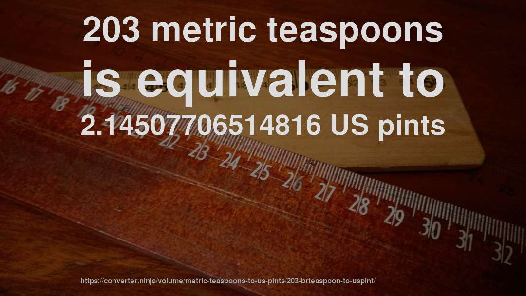 203 metric teaspoons is equivalent to 2.14507706514816 US pints
