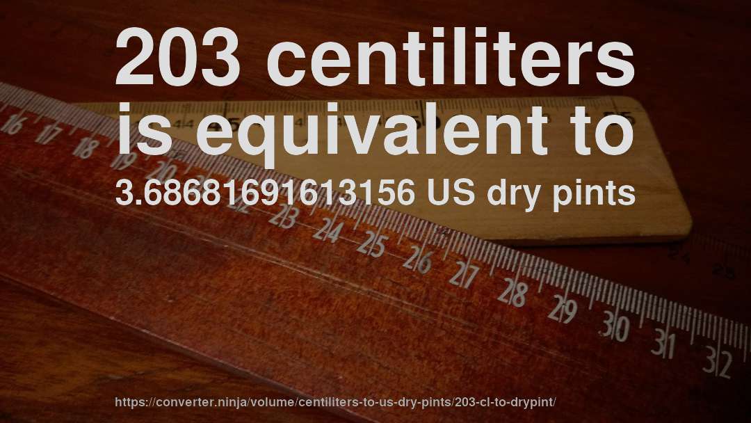 203 centiliters is equivalent to 3.68681691613156 US dry pints