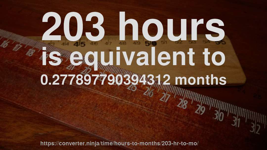 203 hours is equivalent to 0.277897790394312 months