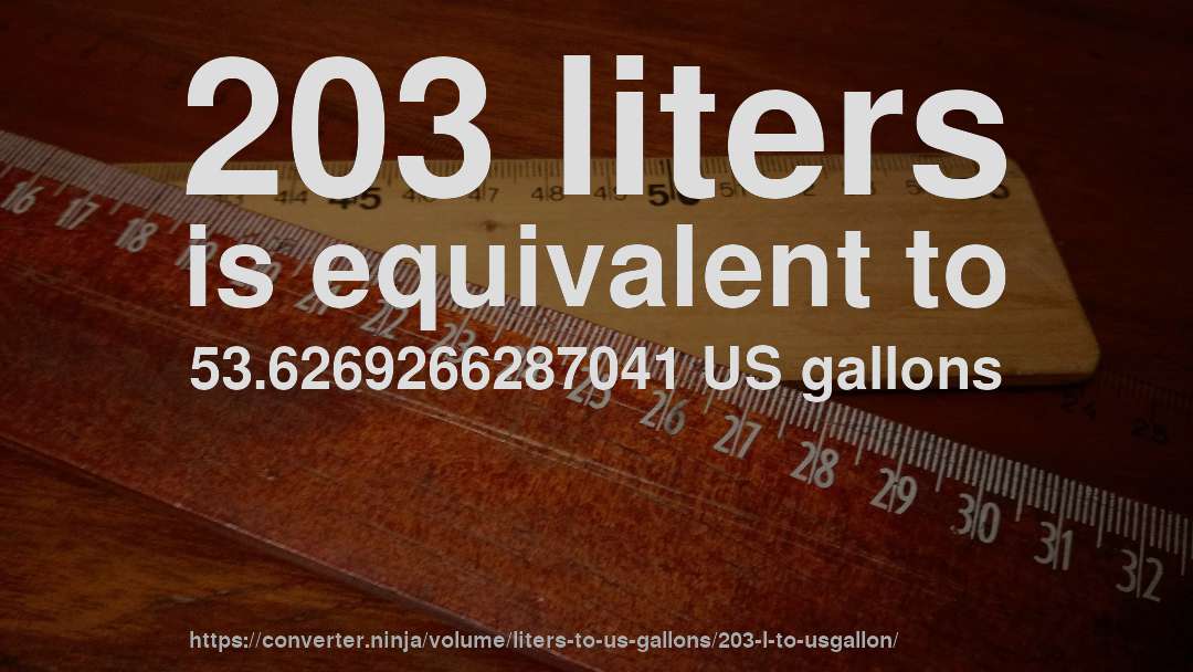 203 liters is equivalent to 53.6269266287041 US gallons
