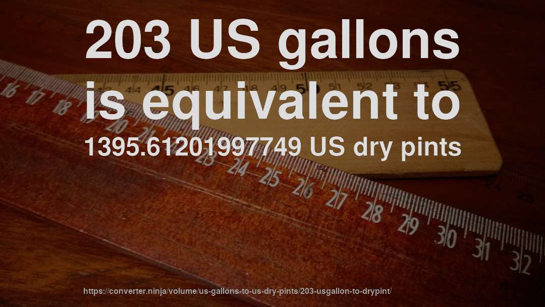 203 US gallons is equivalent to 1395.61201997749 US dry pints