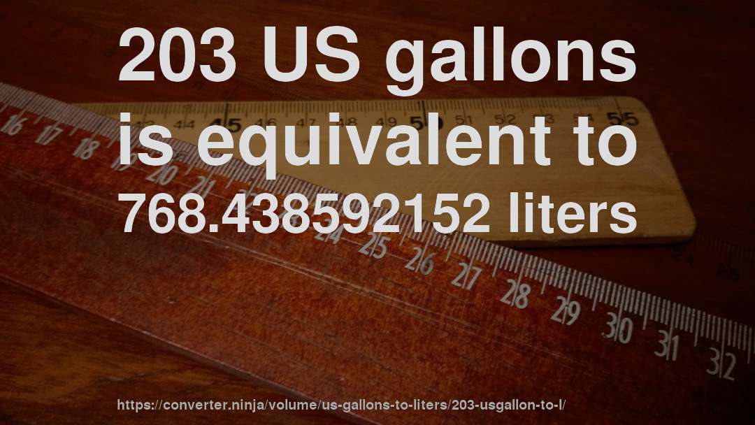 203 US gallons is equivalent to 768.438592152 liters