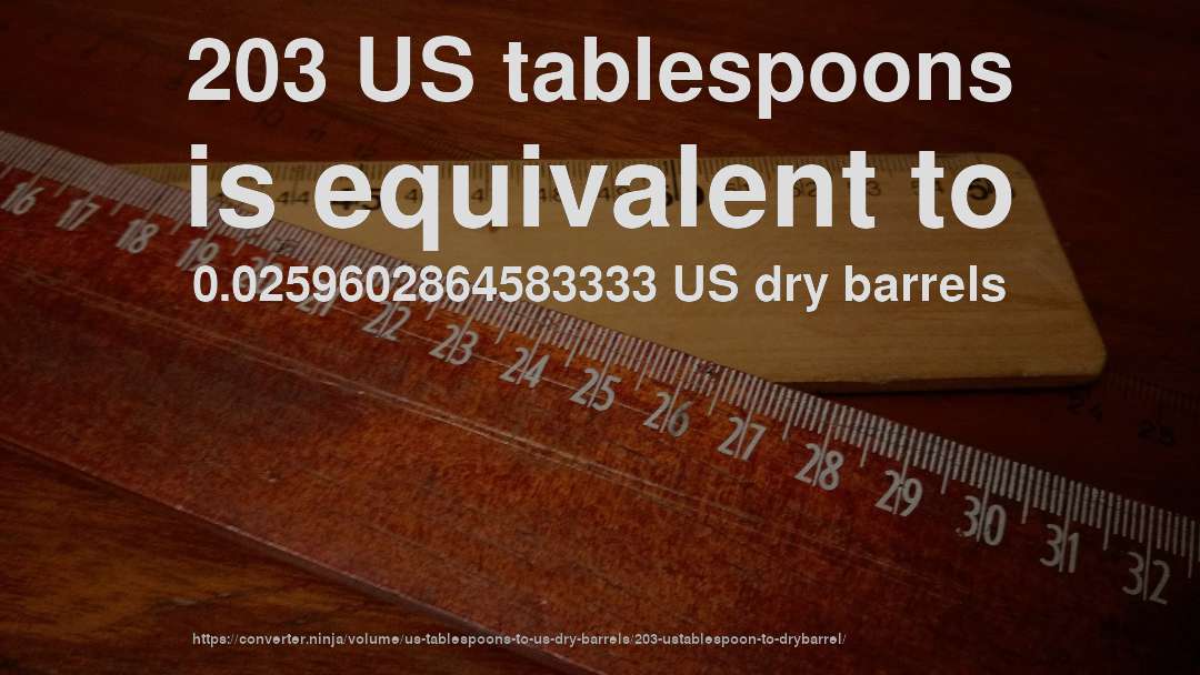 203 US tablespoons is equivalent to 0.0259602864583333 US dry barrels
