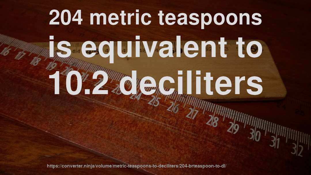 204 metric teaspoons is equivalent to 10.2 deciliters