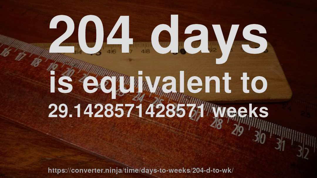 204 days is equivalent to 29.1428571428571 weeks