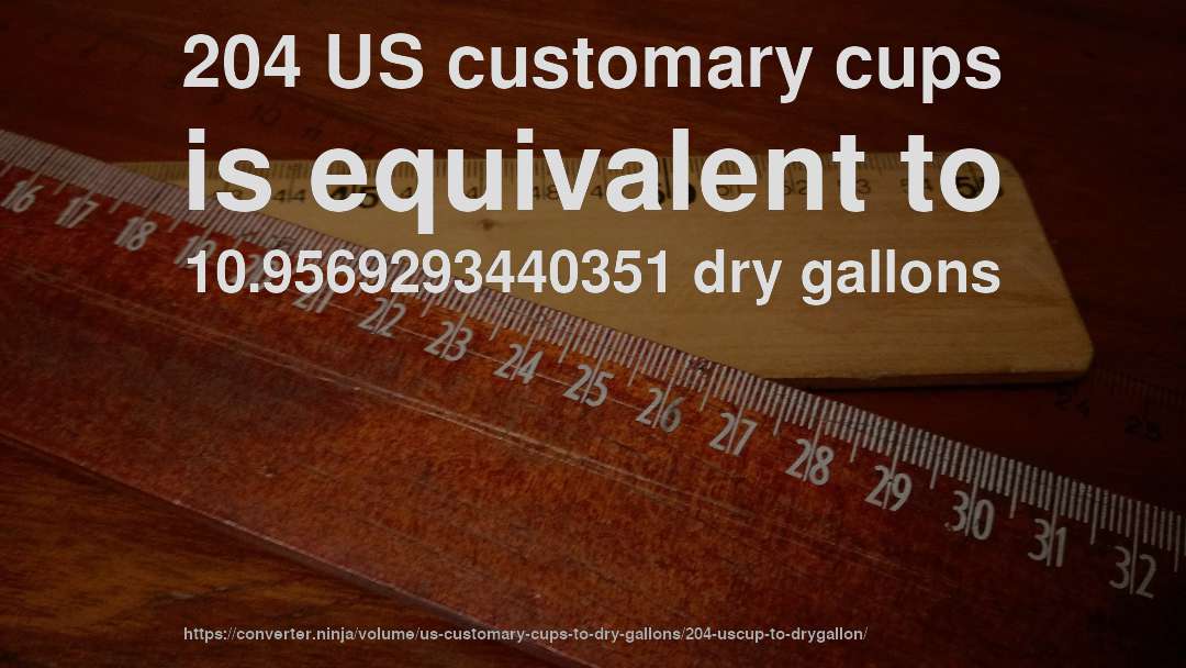 204 US customary cups is equivalent to 10.9569293440351 dry gallons