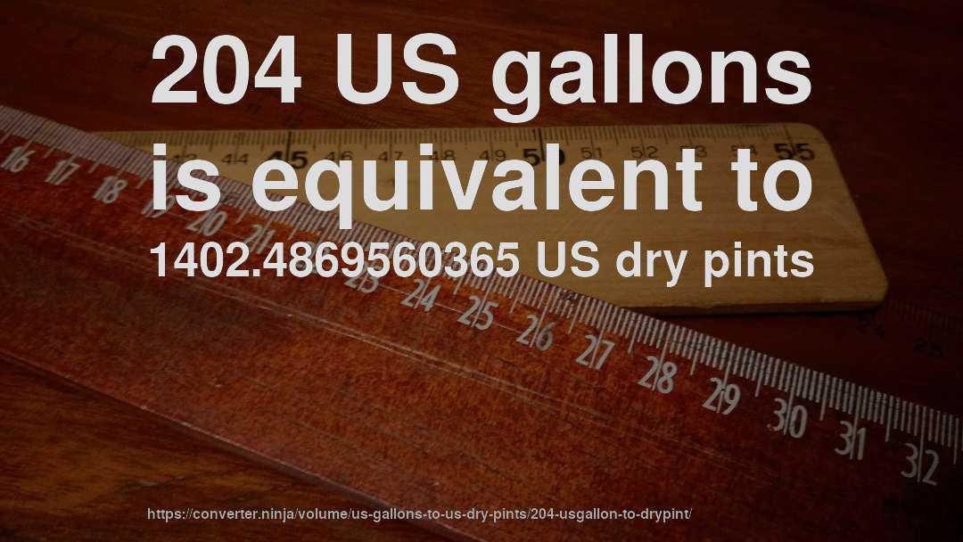 204 US gallons is equivalent to 1402.4869560365 US dry pints