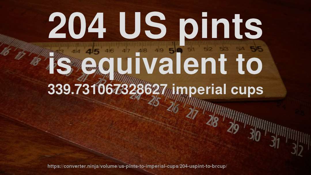 204 US pints is equivalent to 339.731067328627 imperial cups