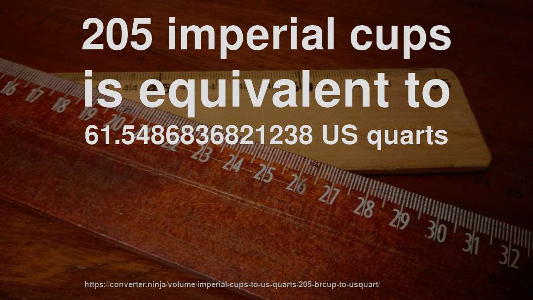 205 imperial cups is equivalent to 61.5486836821238 US quarts