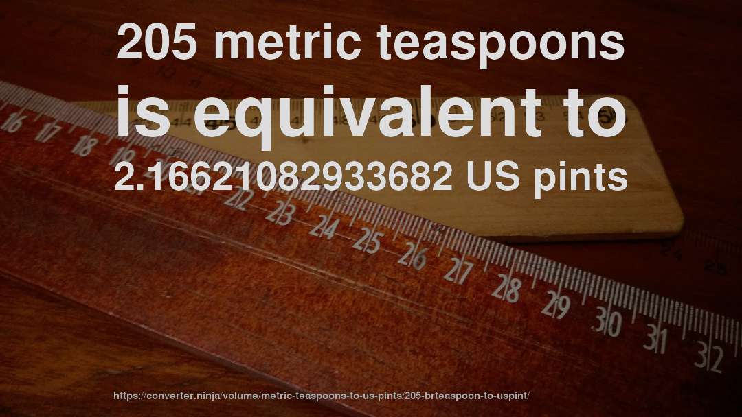 205 metric teaspoons is equivalent to 2.16621082933682 US pints
