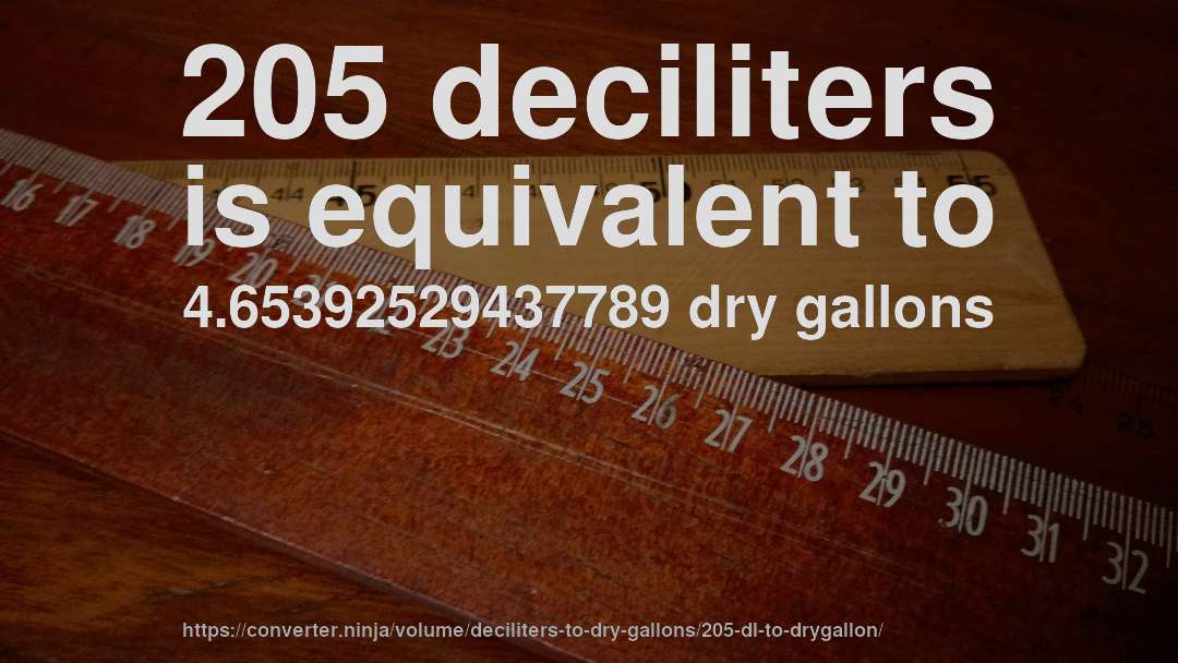 205 deciliters is equivalent to 4.65392529437789 dry gallons