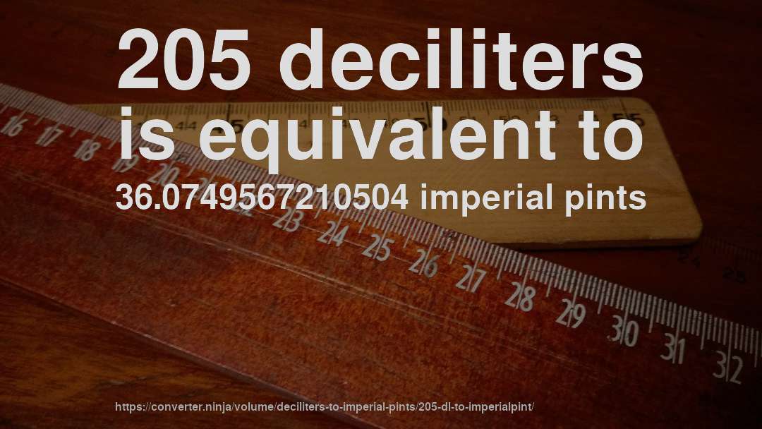 205 deciliters is equivalent to 36.0749567210504 imperial pints