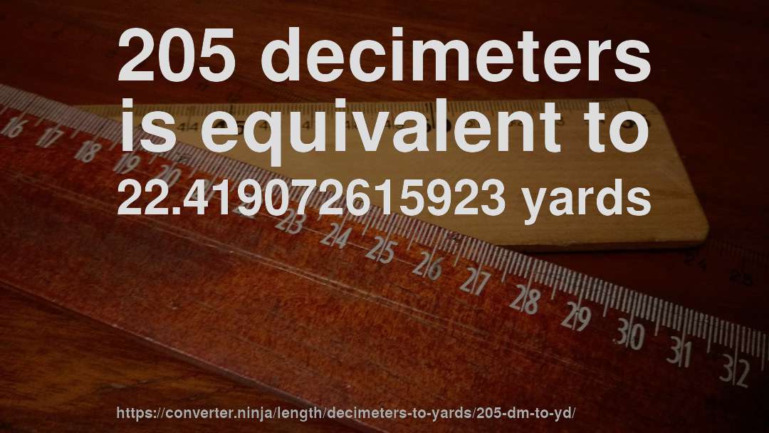 205 decimeters is equivalent to 22.419072615923 yards