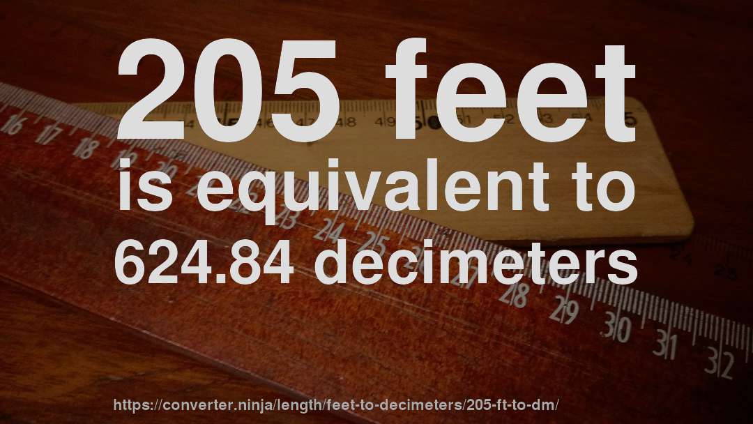 205 feet is equivalent to 624.84 decimeters