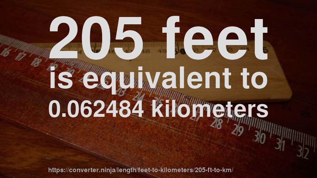 205 feet is equivalent to 0.062484 kilometers