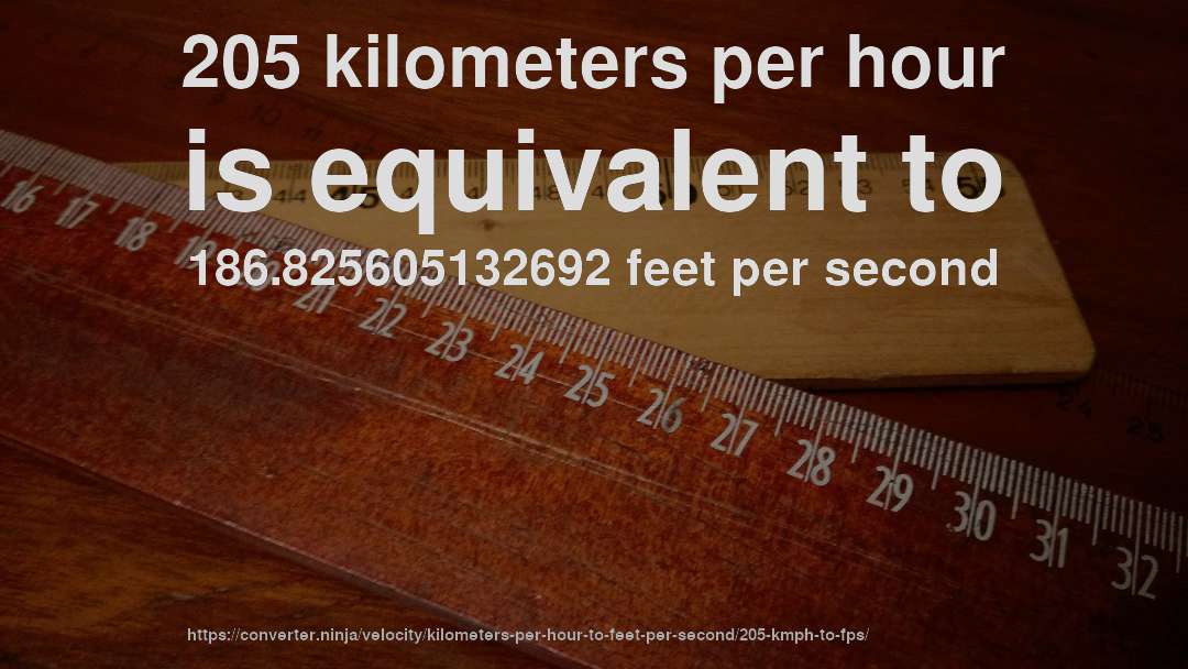 205 kilometers per hour is equivalent to 186.825605132692 feet per second