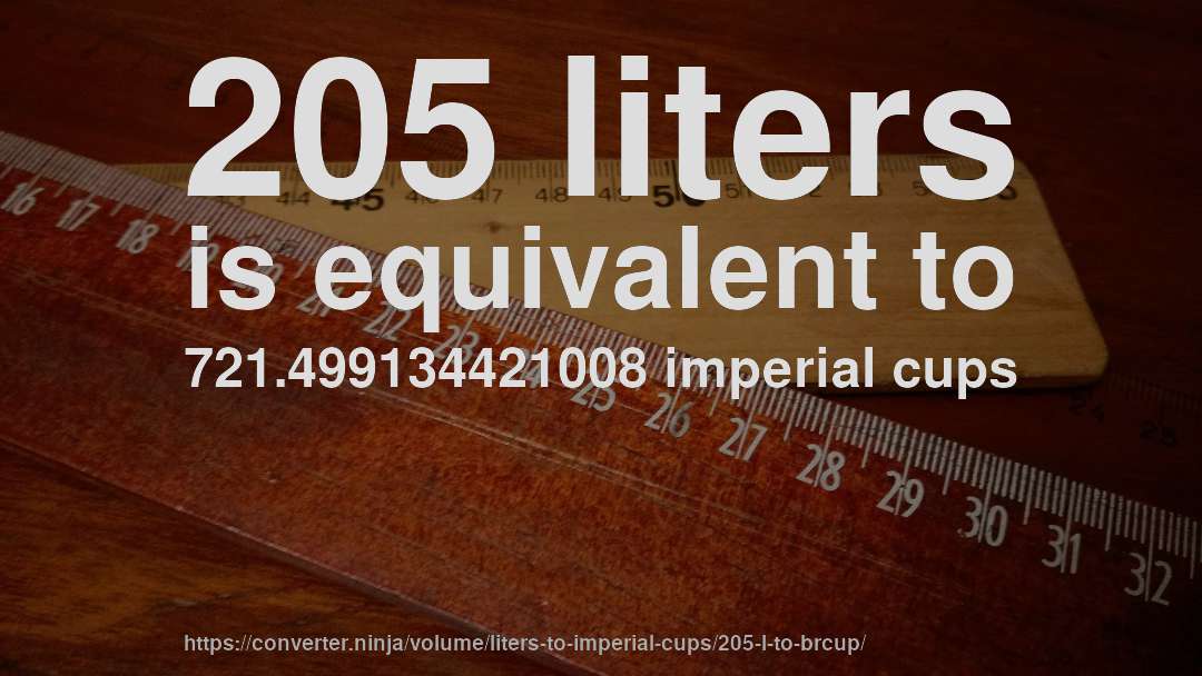 205 liters is equivalent to 721.499134421008 imperial cups