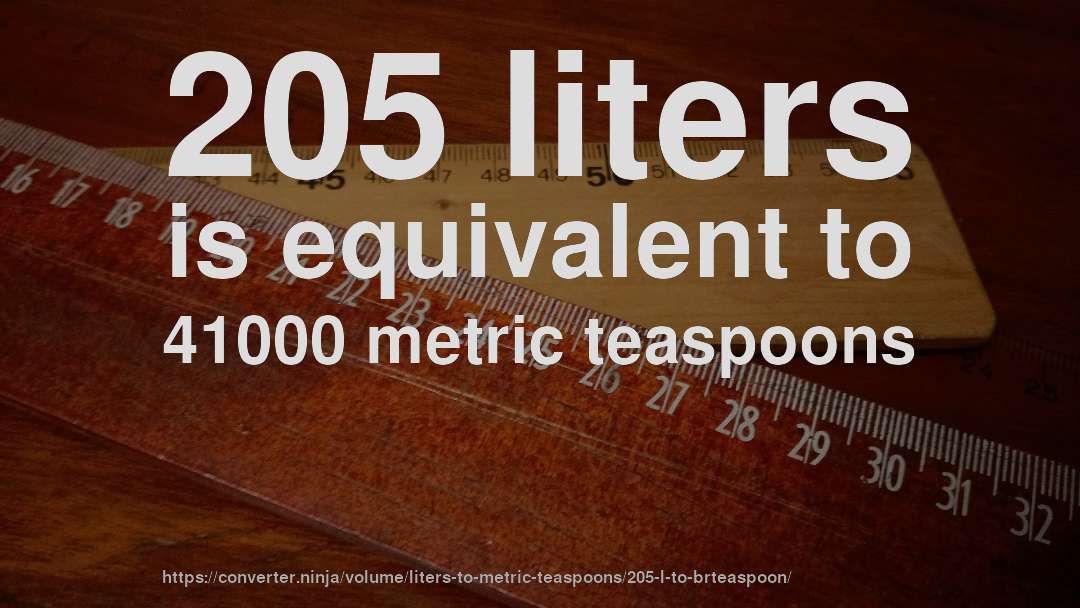 205 liters is equivalent to 41000 metric teaspoons