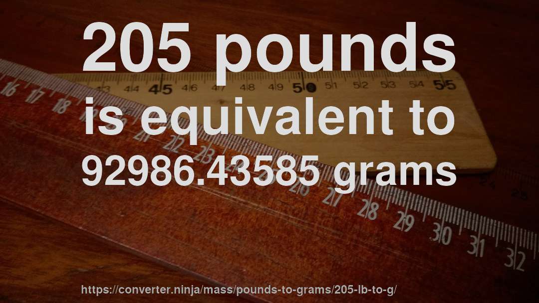 205 pounds is equivalent to 92986.43585 grams