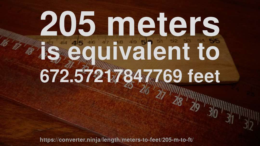 205 meters is equivalent to 672.57217847769 feet