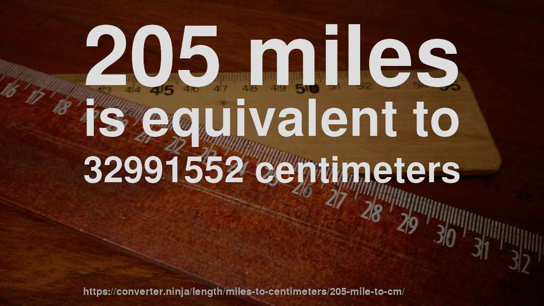 205 miles is equivalent to 32991552 centimeters