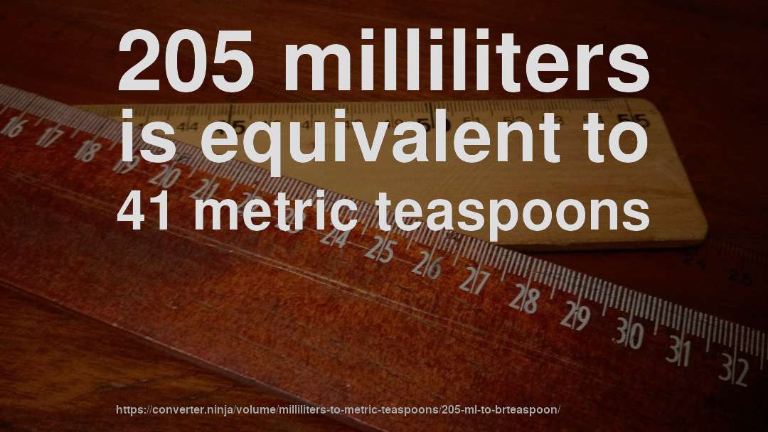 205 milliliters is equivalent to 41 metric teaspoons