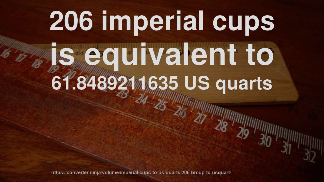 206 imperial cups is equivalent to 61.8489211635 US quarts