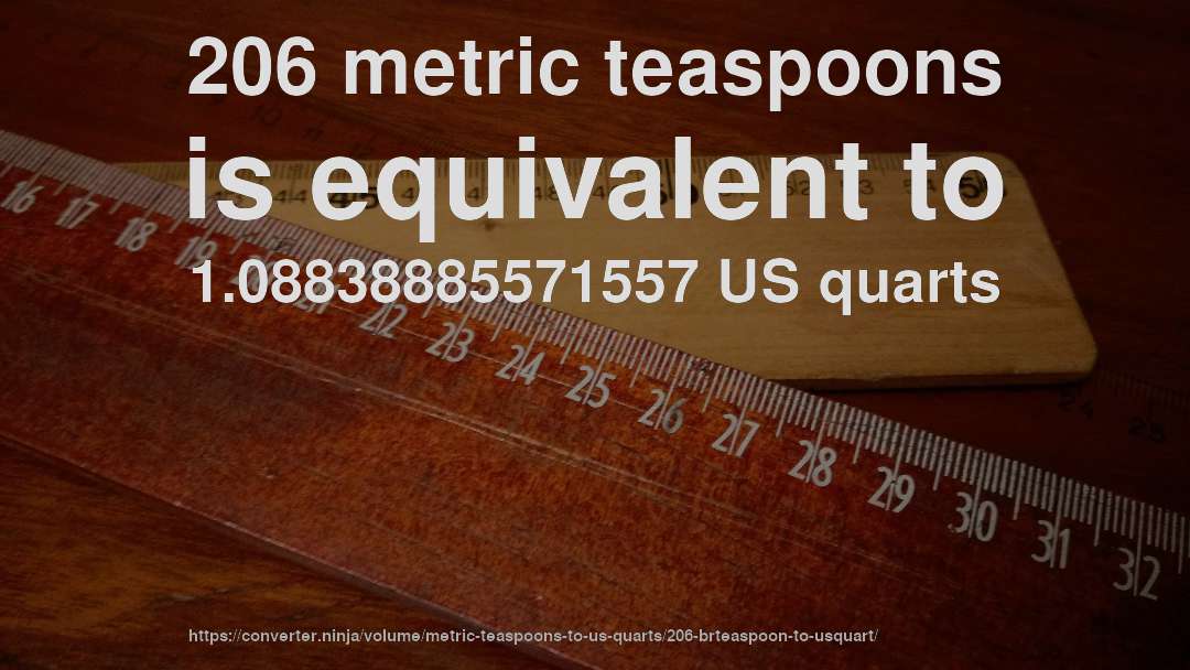 206 metric teaspoons is equivalent to 1.08838885571557 US quarts
