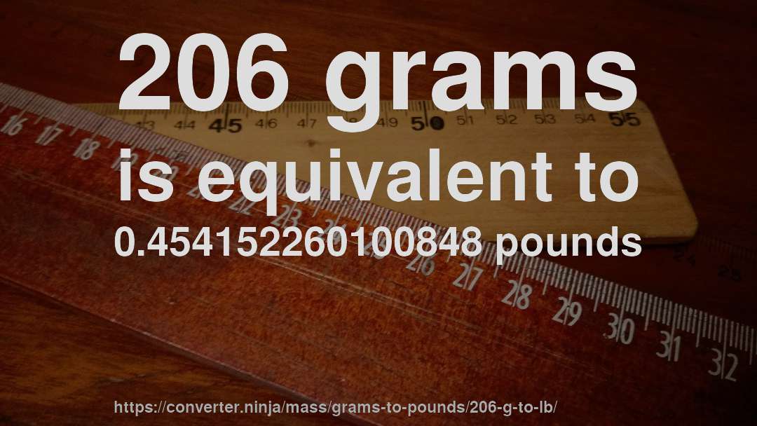 206 grams is equivalent to 0.454152260100848 pounds