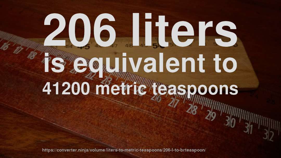 206 liters is equivalent to 41200 metric teaspoons