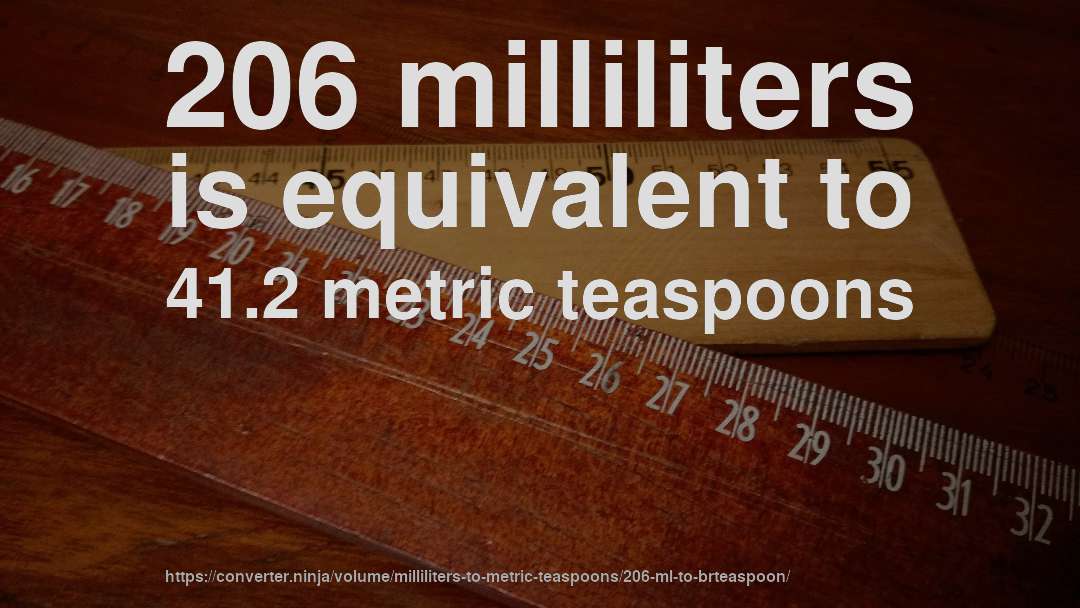206 milliliters is equivalent to 41.2 metric teaspoons