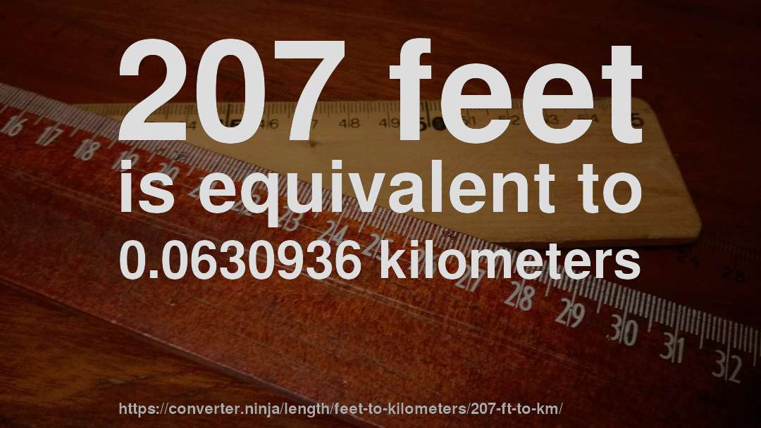207 feet is equivalent to 0.0630936 kilometers