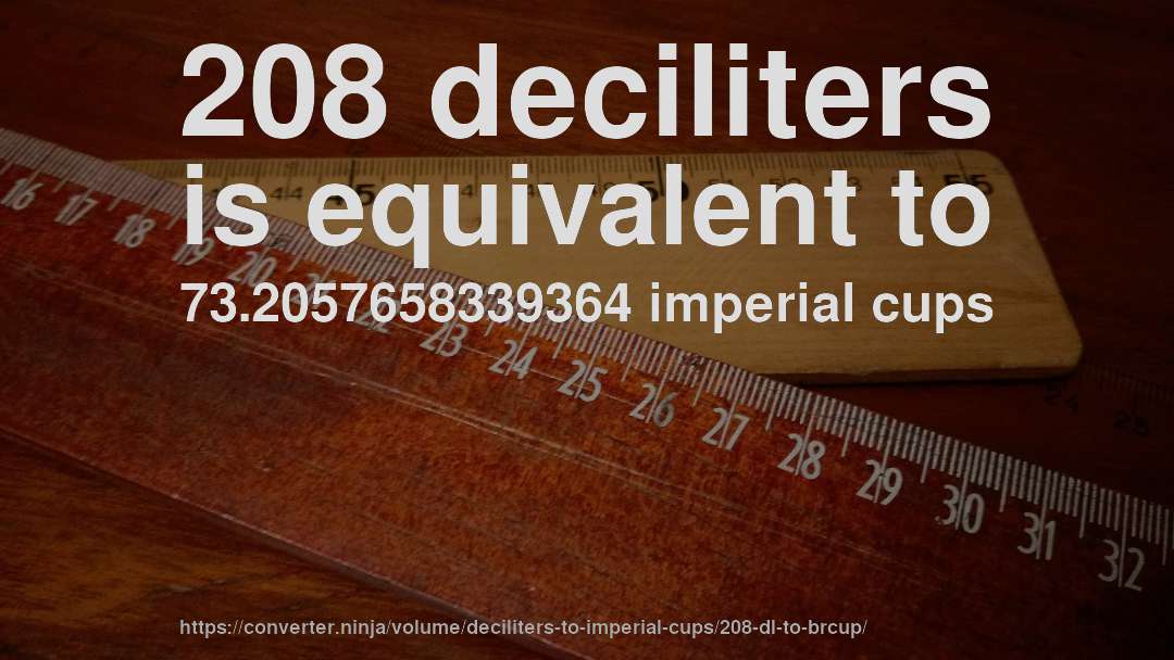 208 deciliters is equivalent to 73.2057658339364 imperial cups