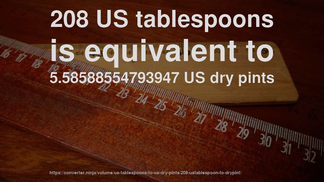 208 US tablespoons is equivalent to 5.58588554793947 US dry pints