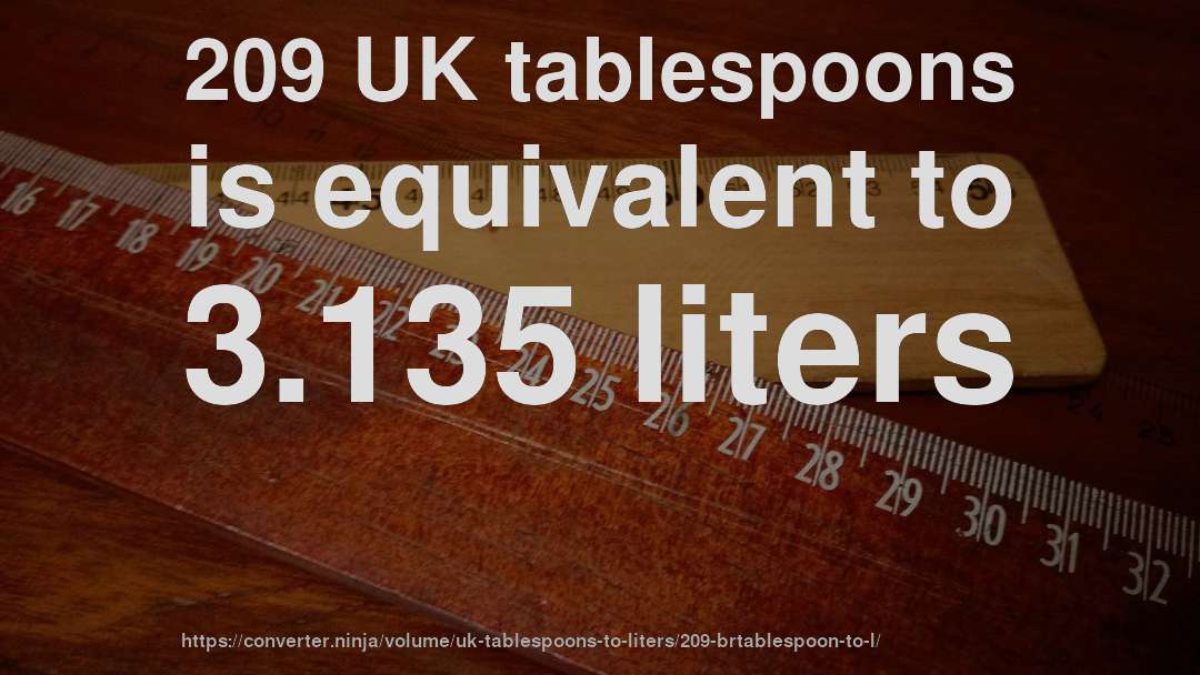 209 UK tablespoons is equivalent to 3.135 liters