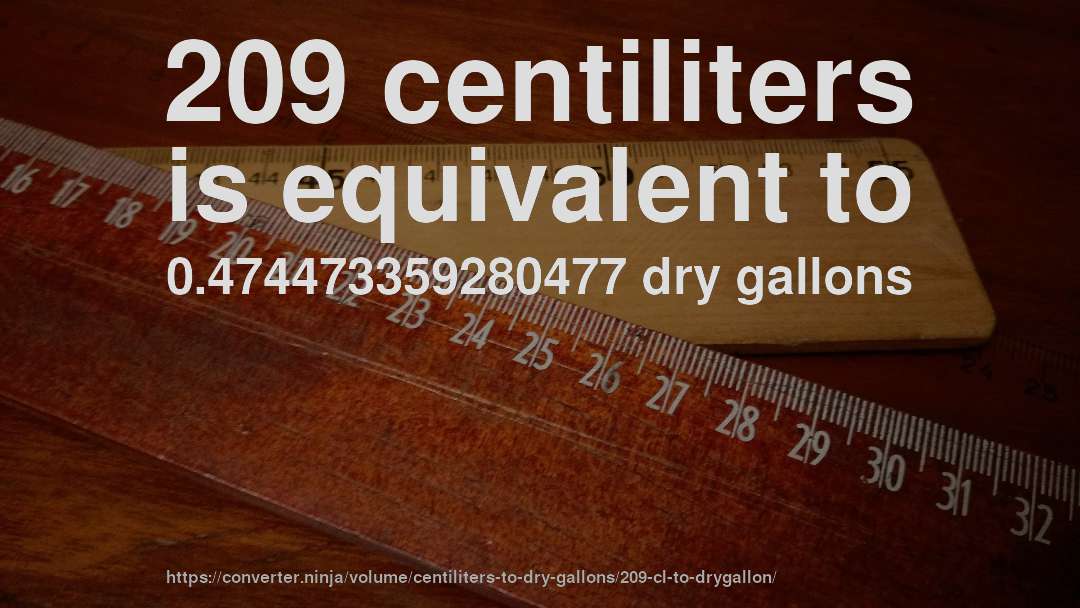 209 centiliters is equivalent to 0.474473359280477 dry gallons