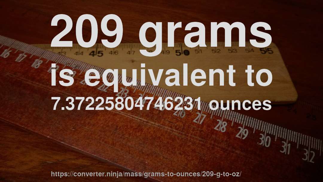 209 grams is equivalent to 7.37225804746231 ounces