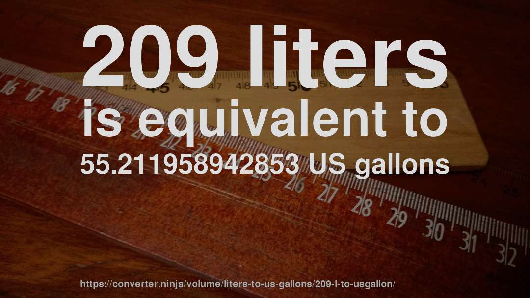 209 liters is equivalent to 55.211958942853 US gallons