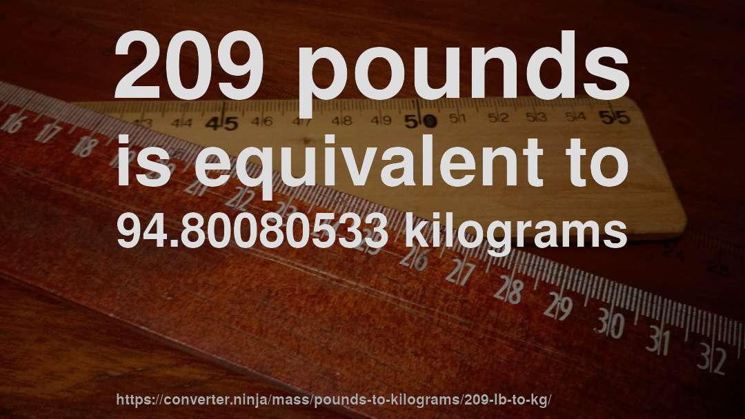209 pounds is equivalent to 94.80080533 kilograms