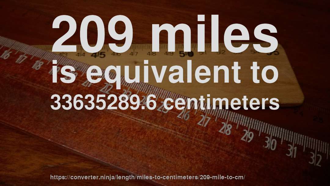 209 miles is equivalent to 33635289.6 centimeters