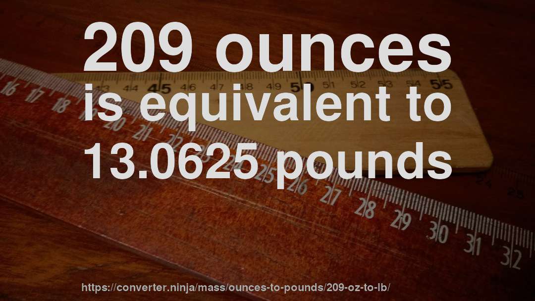 209 ounces is equivalent to 13.0625 pounds